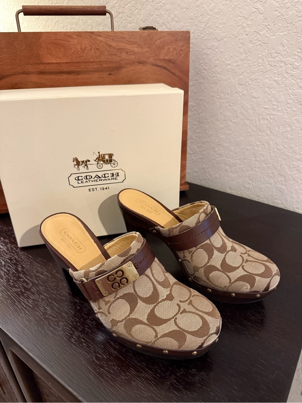 Coach Brown & Beige Signature Canvas Clog Mules